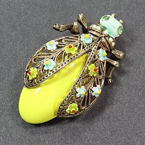 Arthur Pepper ART Beetle Brooch Gold Tone Enamel & Rhinestone Bug Lapel Pin 2"